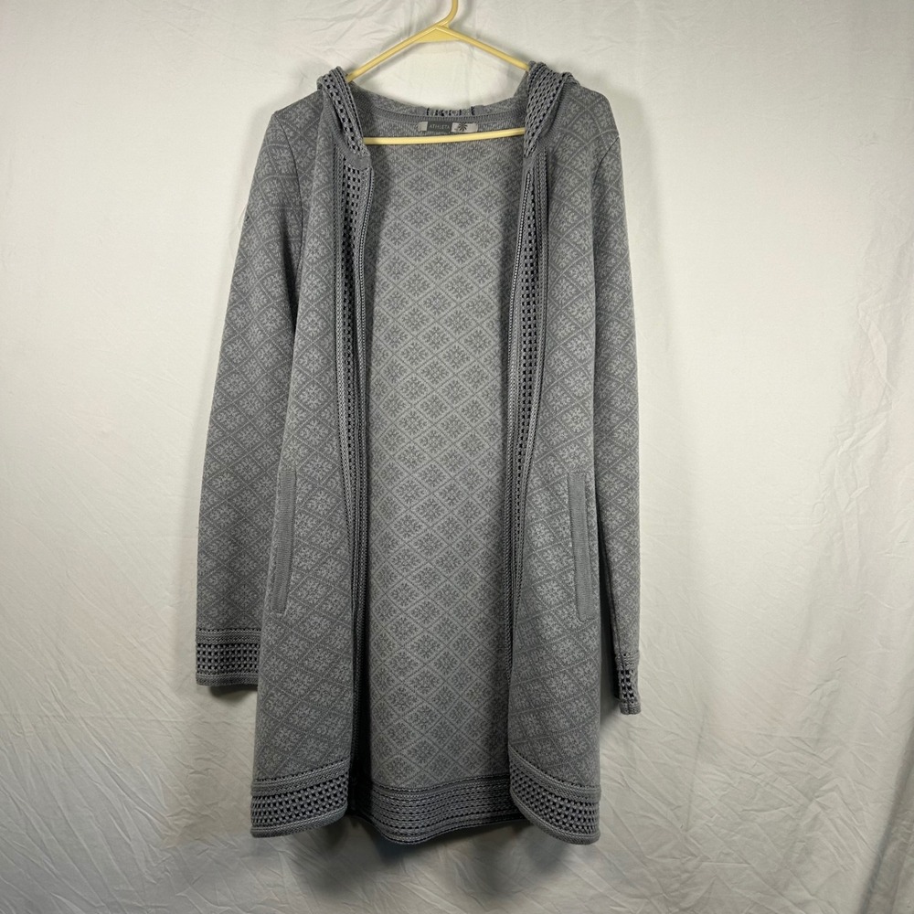 Athleta Wool Blend Hooded Cardigan Womens Small Gray Geometric Knit Long Sweater
